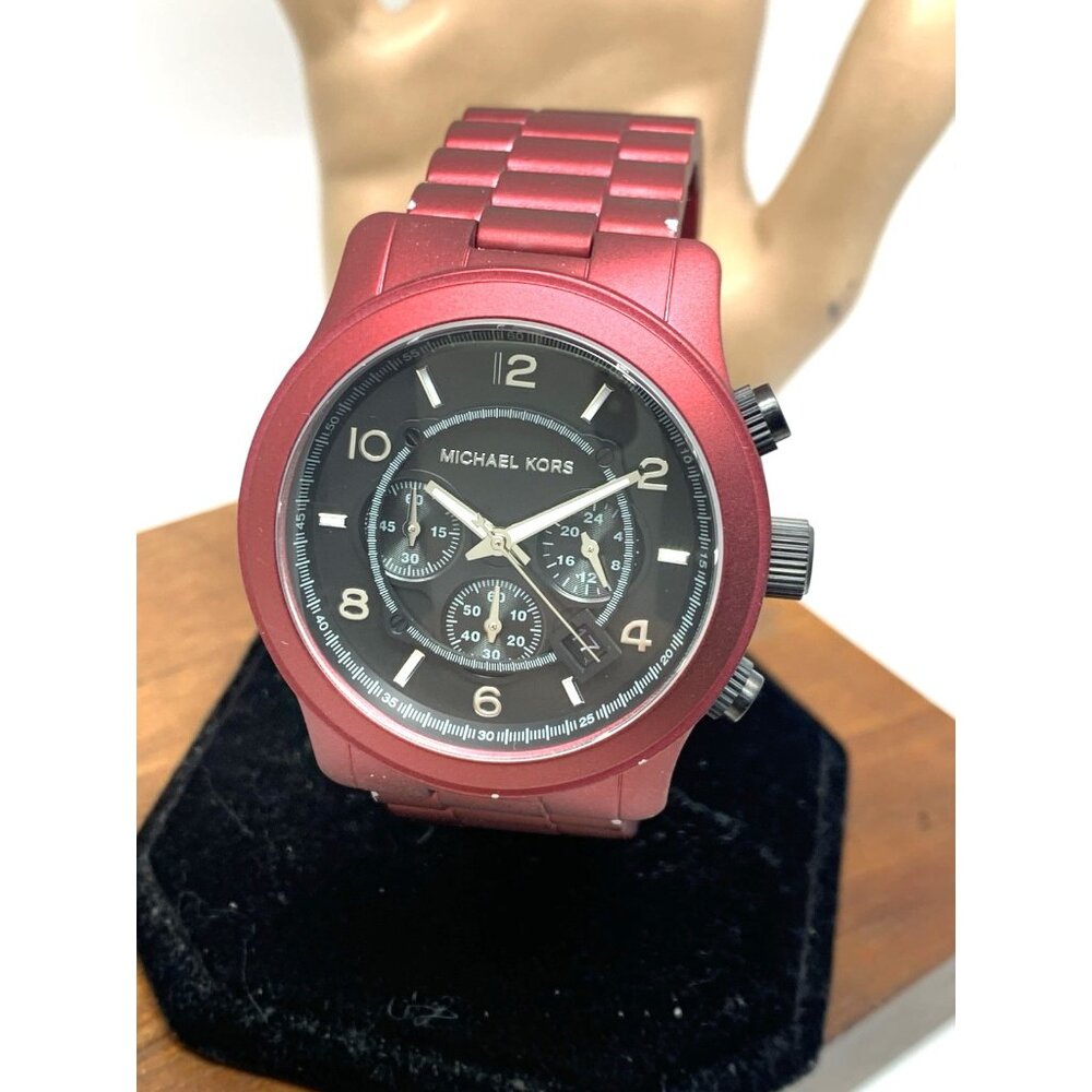 Michael Kors Mens Watch MK9148 Runway Quartz Black Dial Red Stainless Steel 45mm